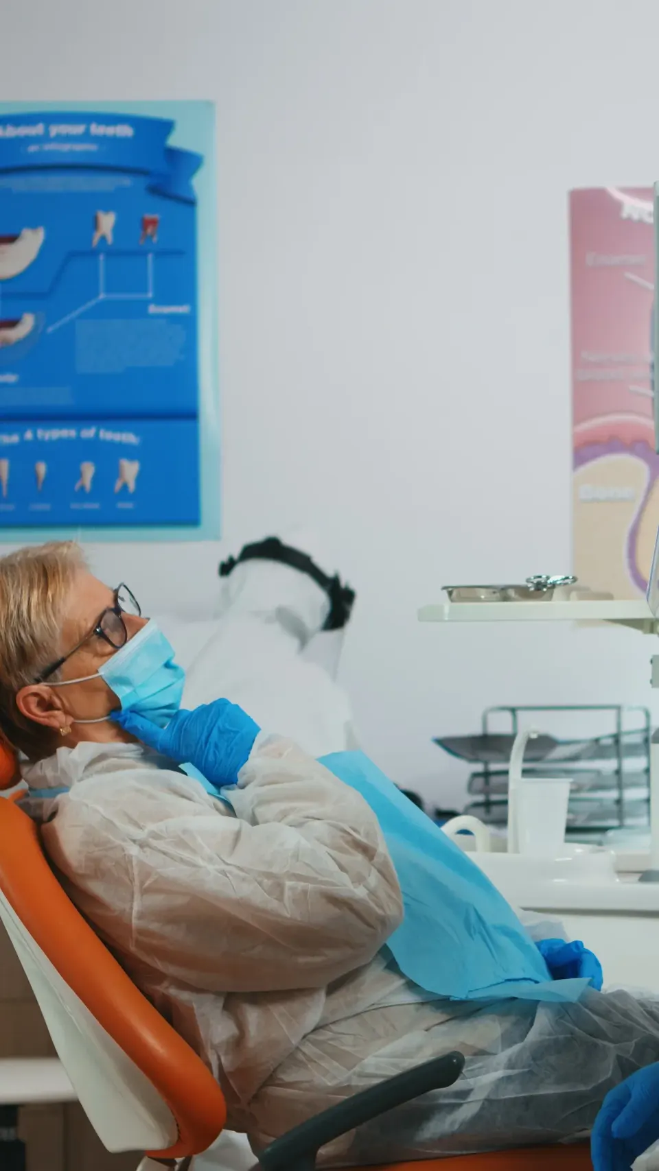 Close-up illustration of a patient speaking with a dentist at Dental World Longwood